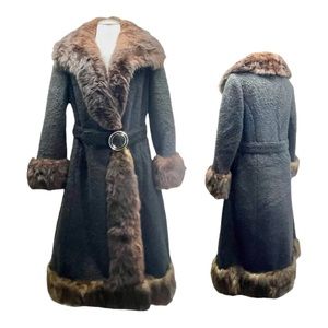 Vintage 50s 60s Womens SMALL Lambs Wool Mink Fur Coat Long Penny Lane USA ILGWU